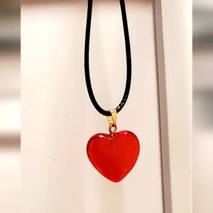 Handmade, New Red Heart Glass Charm on 18in Cord w/ 2in extender